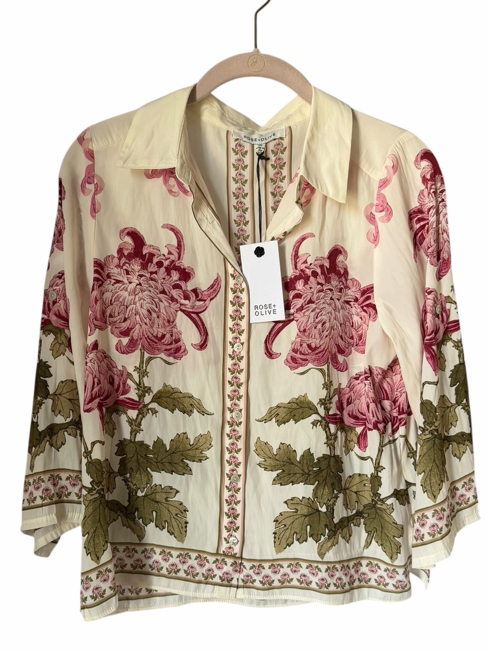 Rose & Olive Cream Pink Green Floral Button Front Blouse Hamptons Resortwear